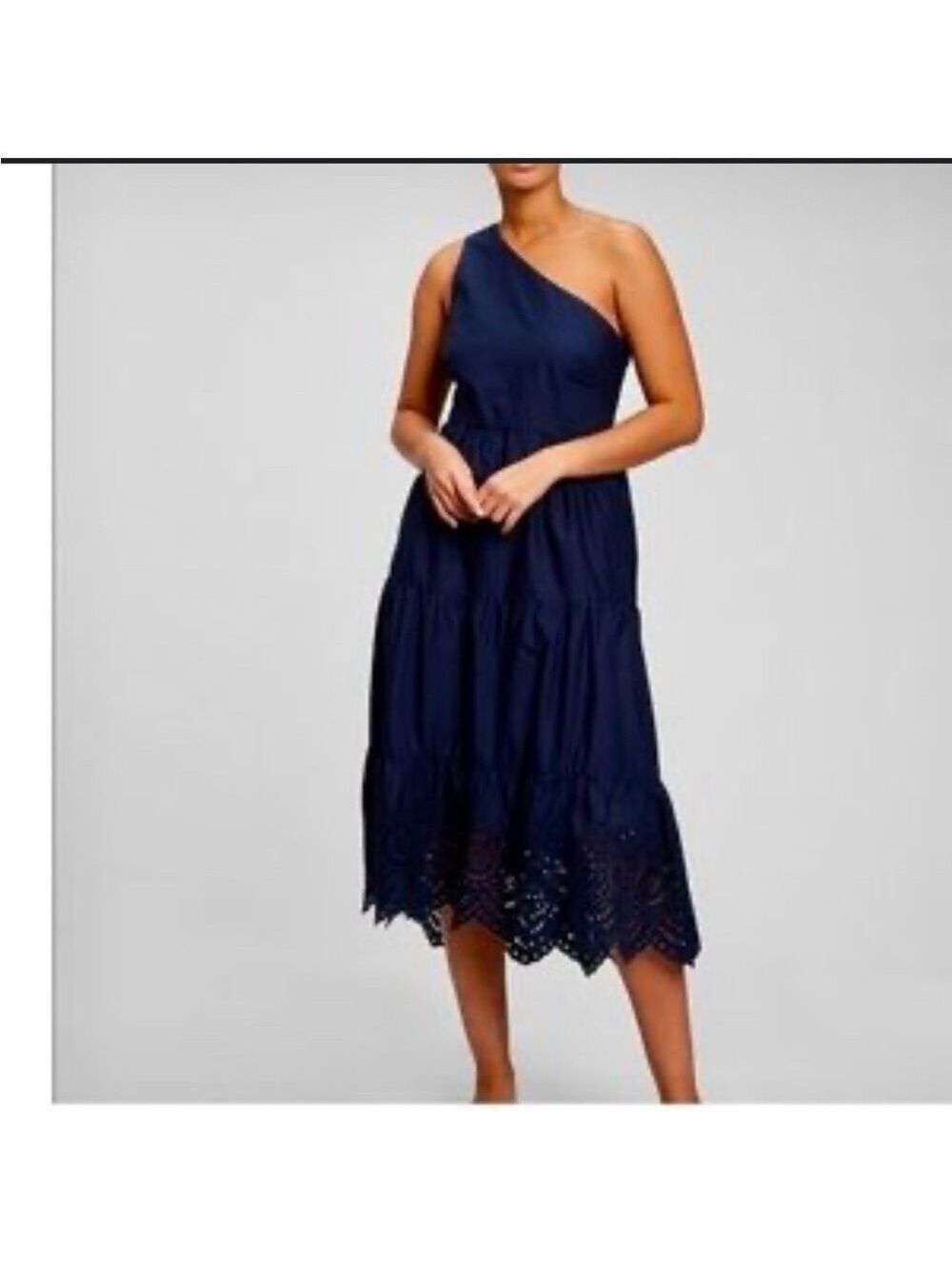 GAP Navy Eyelet Cold Shoulder Tiered Gathered  Midi Dress w/pockets SZ 4P
